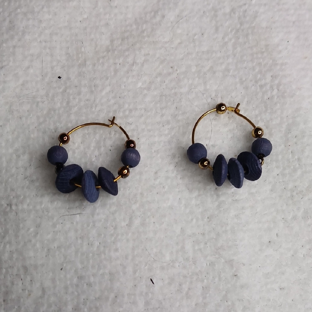 Gold and Blue Wood Beaded Hoop Earrings